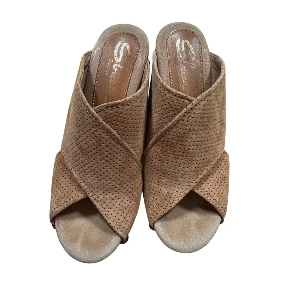 Sbicca Platform High Heels Slides US 8M tan suede leather crossover uppers shoes
